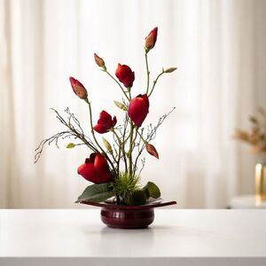 Contemporary Ikebana Red magnolia Silk Floral centerpiece Ceramic Vase, Moss